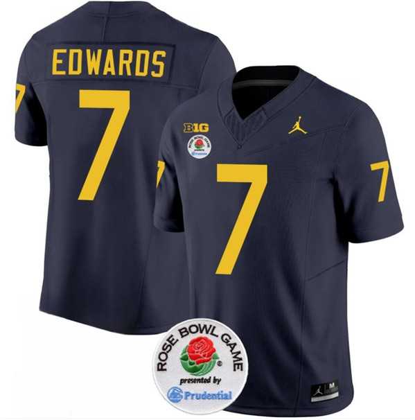 Mens Michigan Wolverines #7 Donovan Edwards 2023 F.U.S.E. Navy Blue Rose Bowl Patch Stitched Jersey Dzhi